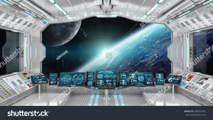 Spaceship interior with view on space and planet Earth 3D size 105X221 inches IDCWP-284